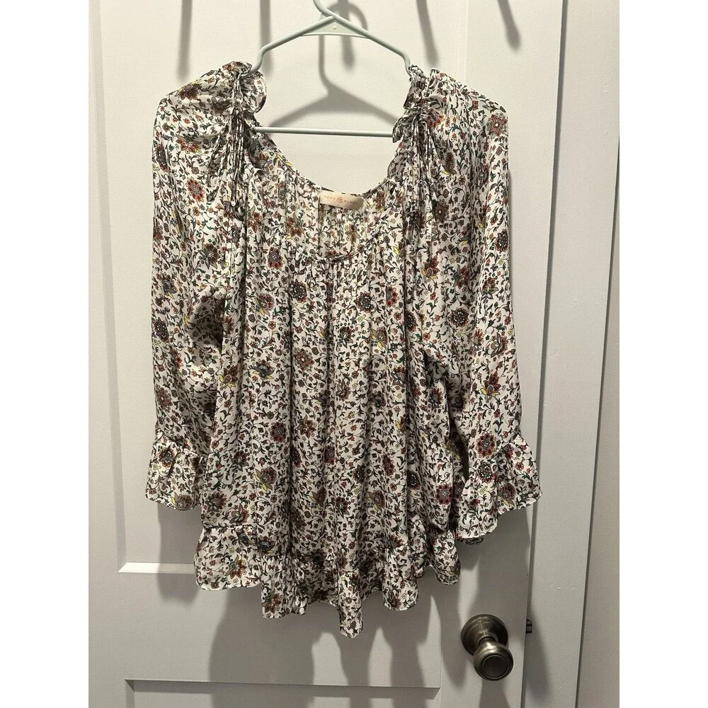 Tory Burch Floral Ruffle Peasant Blouse Women’s 3/4 Sleeve Boho Square Neck Top